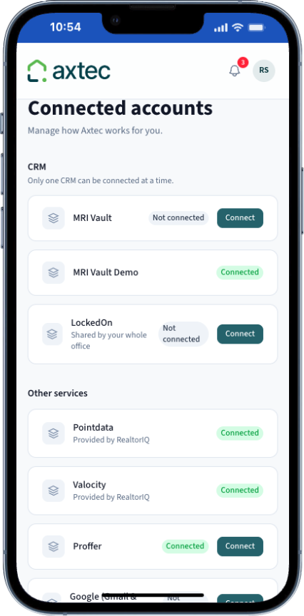 Axtec IQ connected accounts including MRI Vault, LockedOn and Proffer