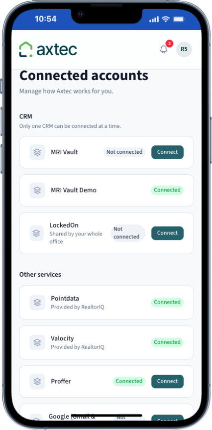 Axtec IQ connected accounts including MRI Vault, LockedOn and Proffer